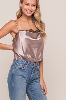 Do Better Dark Taupe Lace Satin Sleeveless Bodysuit - BohoPink Satin Bodysuit, Cami Bodysuit, Boho Boutique, Lace Trim Cami, Satin Cami, Dark Taupe, Sleeveless Bodysuit, Cowl Neckline, Do Better