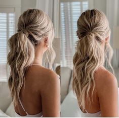 Wavy Ponytail Wedding, Simple Hairstyles For Curled Hair, Bridal Messy Ponytail Hairstyles, Pony Tail Hoco Hair Styles, Low Pony For Prom, Bridesmaid Hairstyles Ponytail Curls, Serena Vanderwoodsen Ponytail, Graduation Hairstyles Updos, Messy Pony Wedding Hair