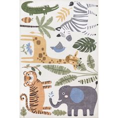 a rug with animals, zebras and other things in the jungle on white background