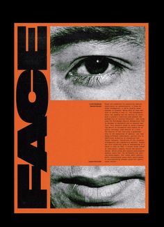 an orange and black poster with the words face on it