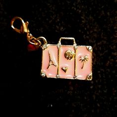 Pretty In Pink And Gold Go Bag With Crystal Embellishments And A Floating Heart For The Love Of Travel And Adventure Cute Small Pink Bag, Trendy Pink Bag Charm For Gift, Cute Pink Bag Charm For Everyday Use, Cute Pink Everyday Bag Charm, Trendy Travel Bag Charm, Go Bag, Travel And Adventure, Custom Luggage, Go Bags