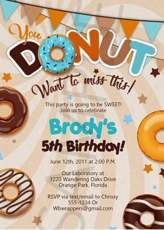 a birthday party poster with donuts on it