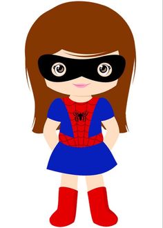 a girl in a blue dress and red boots with a spiderman mask on her face