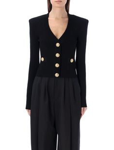 0PA BALMAIN GOLD BUTTONS KNIT CARDIGAN Black Fr, Dress Pant, Emilio Pucci, Couture Collection, Gold Buttons, Black Cardigan, Winter Wardrobe, Isabel Marant, Neck Designs