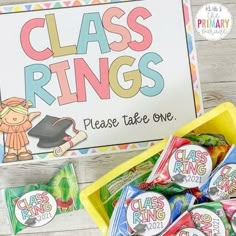 a sign that says class rings and some candy