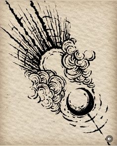 an ink drawing of a sun and clouds with the letter o in it's center