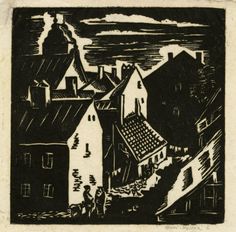 an old black and white drawing of houses in the distance with a person walking down the street