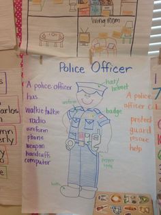 police officer poster hanging on the wall in front of children's classroom desks