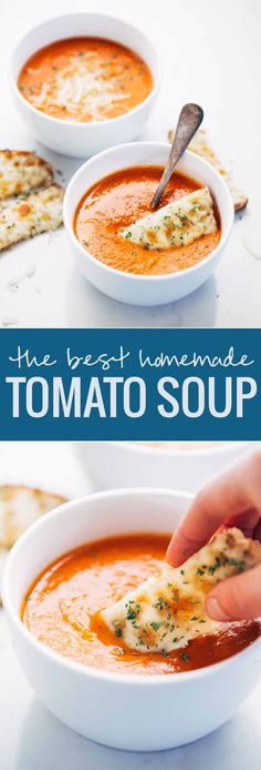 the best homemade tomato soup is in two bowls and being spooned with a piece of bread