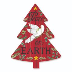 a wooden sign that says peace on earth with a christmas tree in the center and stars around it