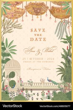 an ornate save the date card with tropical plants and birds