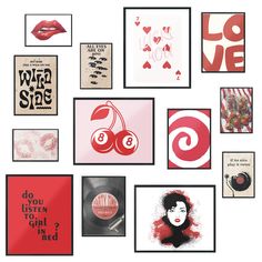 there are many pictures on the wall with red and black designs in them, including cherries