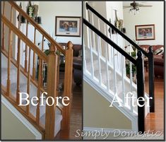 before and after photos of stairs in a home