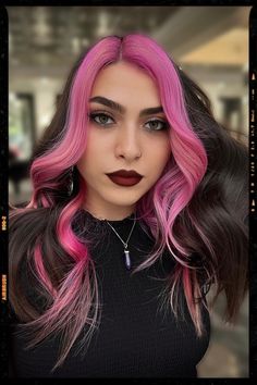 Hair Color Idea Strong Color Contrast Hair, Black Hair With Pastel Highlights, Brown With Pink Money Piece, Neon Pink Hair Highlights, Pink Picaboo Hair, Black Hair With Pink Peekaboos, Brown Hair With Pink Front Pieces, Pink Money Piece Hair Black, Front Section Of Hair Dyed