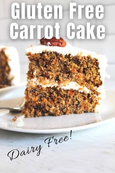 a slice of gluten - free carrot cake on a plate with the words dairy free