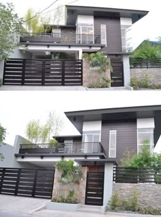 two pictures of the front and side of a house with plants growing on the balconies