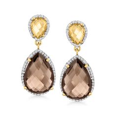 Ross-Simons - 17.00ct t. w. Smoky Quartz, 2.30ct t. w. Citrine Drop Earrings, .60ct t. w. White Topaz Over. Sunny and sultry at once, these unique drop earrings bring together 17.00 ct. t. w. pear-shaped smoky quartz gems and 2.30 ct. t. w. pear-shaped citrine tops. Finely crafted in polished 18kt yellow gold over sterling silver with .60 ct. t. w. round white topaz gems in shimmery borders. Hanging length is 1 3/8". Post/clutch, white topaz, citrine and smoky quartz drop earrings. Citrine birth Mellow Autumn, Unique Drop Earrings, Citrine Drop Earrings, Citrine Birthstone, Diamond Anklet, Italian Gold Jewelry, Mixed Metal Bracelets, Mixed Metal Earrings, Mixed Metal Jewelry