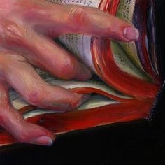 an oil painting of a person's hands reading a book