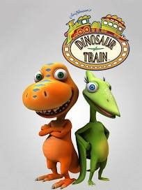 two cartoon dinosaurs standing next to each other in front of a sign that says dinosaur train