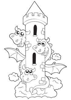 a castle with two dragon on top and one in the middle coloring page for kids