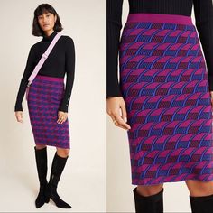 Anthropologie Maeve Nwt Women's Blue & Purple Nancy Pull On Pencil Skirt Size Xs - We Love Styling This Knit Pencil Skirt With A Buttondown And A Go-To Blazer - Its Abstract Motif Brings A Pop Of Visual Interest To Any Weekday Or Weekend Ensemble. - By Maeve - 100% Rayon - Pencil Silhouette - Pull-On Styling - Hand Wash Approx Measurements: - Waist (Side To Side, Unstretched): 11.8 In - Length: 26 In Retail $100 Casual Purple Skirt For Winter, Purple Mini Skirt For Fall, Chic Stretch Purple Skirt, Purple Stretch Trendy Skirt, Chic Purple Stretch Skirt, Trendy Stretch Purple Skirt, Trendy Purple Stretch Skirt, Trendy Purple Skirt For Fall, Casual Purple Skirt For Work