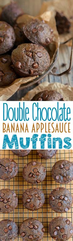 double chocolate banana appetizer muffins on a cooling rack with text overlay