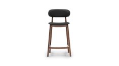 the backless bar stool with black leather seat and wooden frame, on an isolated white background