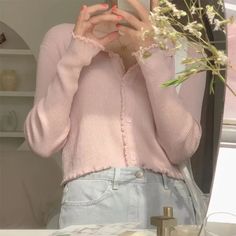 LOVEMI - Cute Wood Ear Pit Strips Loose And Thin Knit Long-sleeved Cardigan With Jeans, Cardigan Rosa, The Cardigans, Comfortable Sweater, Rose Pastel, Pink Cardigan, Long Sleeve Knit Tops, Knit Tees, Look Plus