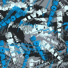 blue and gray abstract art with lines, shapes, and strokes on black paper background