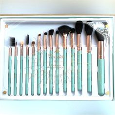 Teal And Gold 14 Piece Makeup Brush Set Looks Beautiful In A Jar In Your Vanity! More Importantly You Will Have The Tools You Need To Create Your Look. Premium Boxed Makeup Set By Daxstar. Set Of 14 Brushes New Sealed Makeup Box, Teal And Gold, Makeup Set, In A Jar, Box Color, The Tools, Makeup Tools Brushes, Makeup Brush Set, Makeup Brush