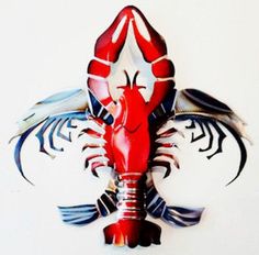 a red and black lobster on a white background with blue accents in the shape of a heart