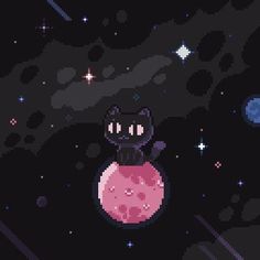 a pixel art cat sitting on top of a pink ball in the space with stars