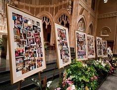 there are many pictures on the wall in this building and flowers lined up next to them