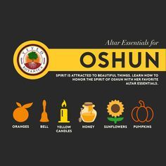 an orange and yellow poster with the words, aurar essentials for oshun