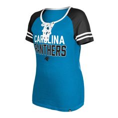 The New Era Women's Carolina Panthers Raglan Lace-Up T-Shirt is the perfect way to show your support for the Carolina Panthers. This lightweight cotton shirt features raglan sleeves, a rounded hem, and screen-printed graphics that proudly display the Panthers logo. Whether you're cheering from the stands or just hanging out at home, this shirt will let everyone know you're a true Panthers fan. Officially licensed Lace-up Machine wash, tumble dry low Lightweight fabric Material: 100% Cotton Short Stretch Cotton Tops With Team Spirit Style, Cotton Stretch Tops With Team Spirit Style, Stretch Cotton Tops For Team Spirit, Cotton Stretch Tops For Team Spirit, College T-shirt With Graphic Print And Stretch, College Stretch T-shirt With Graphic Print, Stretch Graphic T-shirt For College, Stretch Graphic Print T-shirt For College, Collegiate Tops With Team Name