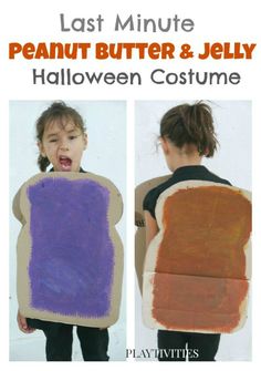 two children wearing peanut butter and jelly costumes with text overlay that says last minute peanut butter and jelly halloween costume