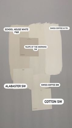 white paint swatches with different colors and names on them, labeled in the following words