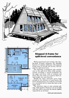 an old advertisement for a small cabin with two levels and stairs to the second floor