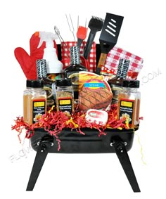 a bbq grill filled with lots of food and cooking utensils in it