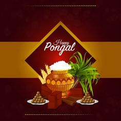 happy pongal greeting card with potted plant and wooden barrels on red background