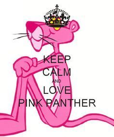 a pink panther with a crown on its head and the words keep calm and love pink panther