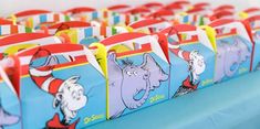 dr seuss birthday party bags with the cat in the hat on them, ready to be eaten