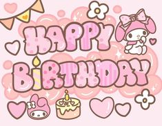 a pink happy birthday card with cartoon animals and hearts on it's side, in front of a background that says happy birthday