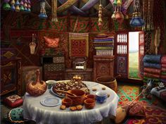 a painting of a table with food on it in a room filled with rugs