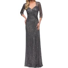 Nwt - La Femme Sequin Gray Wedding Guest Ruched Sequin Column Gown This Beautifully Ruched Gown Is Soire-Ready With A Covering Of Sequins To Glisten Over Every Curve. - Hidden Back-Zip Closure - Sweetheart Neck - Elbow-Length Sleeves - Full-Length Column Skirt - Lined - 100% Polyester - Color: Gray - Size: 2 - Condition: New With Tags Offers Welcome. Bundle And Save! Sequin Evening Gowns, Evening Style, Column Skirt, Evening Gown Dresses, Embellished Gown, Column Gown, Sequin Gown, A Line Gown, Lace Gown