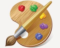 a wooden palette with paints and a brush on it, painted in different colors illustration