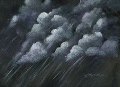 an oil painting of some clouds in the sky with rain coming down on them,