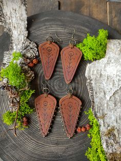 Leather Scrap Jewelry, Nature-inspired Brown Jewelry For Festivals, Druid Accessories, Handmade Leather Earrings For Festivals, Festival Handmade Leather Earrings, Rustic Handmade Leather Jewelry, Hand-tooled Brown Earrings For Festival, Handmade Leather Bohemian Earrings, Brown Hand Tooled Earrings For Festival