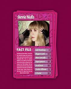 a pink card with a woman's face in the center and text that reads, fact file