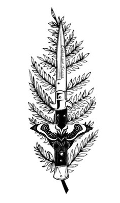 a black and white drawing of a knife in the middle of a tree with leaves